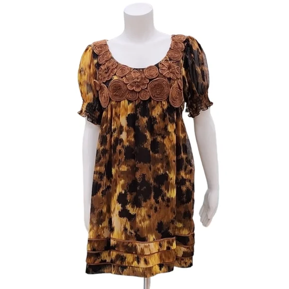 VINTAGE ECI Babydoll Tunic Top Mini Dress 10 L Appliques Rosette Ruffles Y2K - Picture 15 of 16